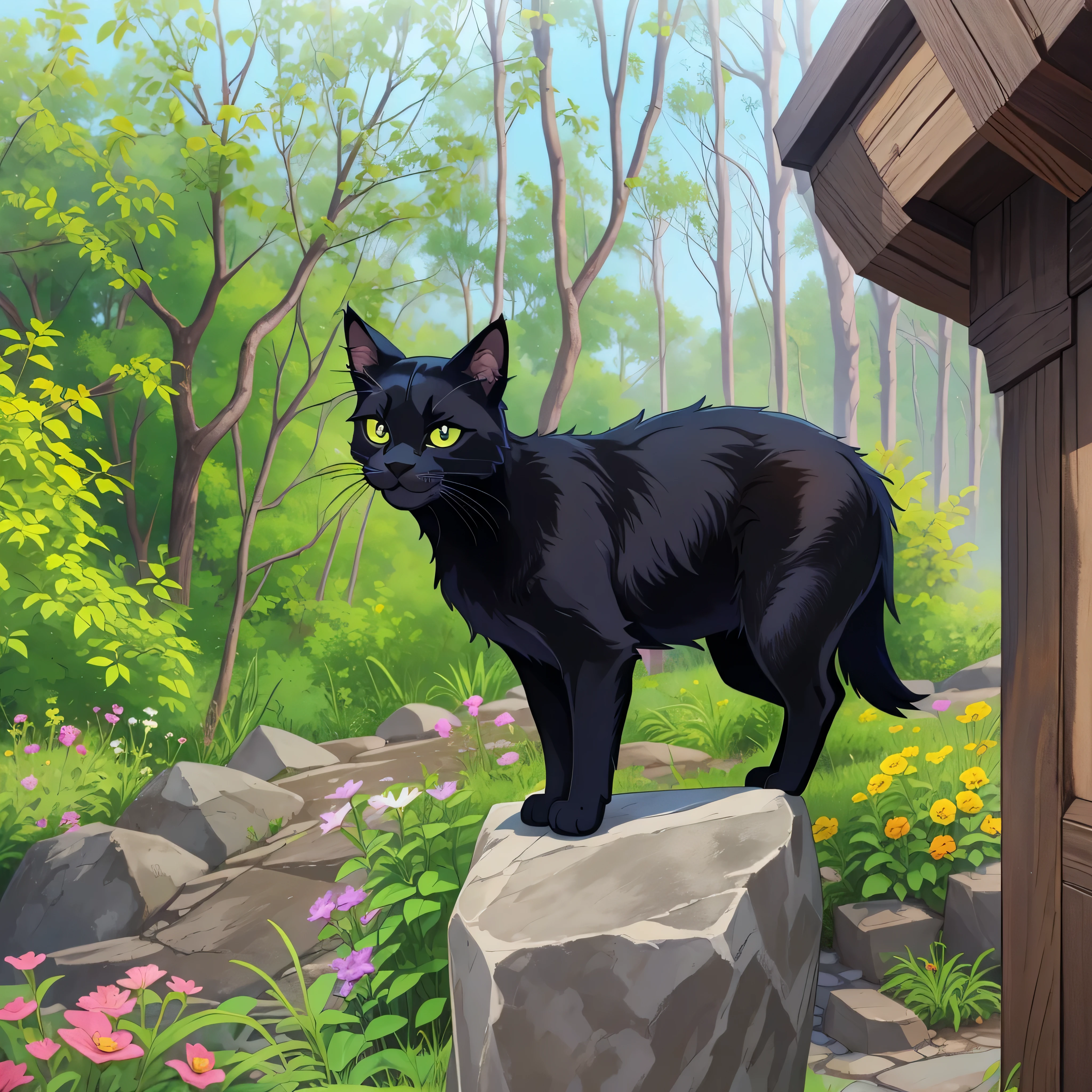 there is a black cat standing on a rock in the yard, black cat at her feet, in a menacing pose, black cat, it has a piercing gaze, a handsome, striking a pose, on a pedestal, an artistic pose, looking towards the camera, looking straight to the camera, beautiful picture of stray, he is wearing a blackHD,young people, cartoons, happy, happy, excited, excited, joyful, ((surprise)), carefree, beautiful eyes, cute, smiling face, UWU, happy, proud, ((smiling face)),;3, uwu