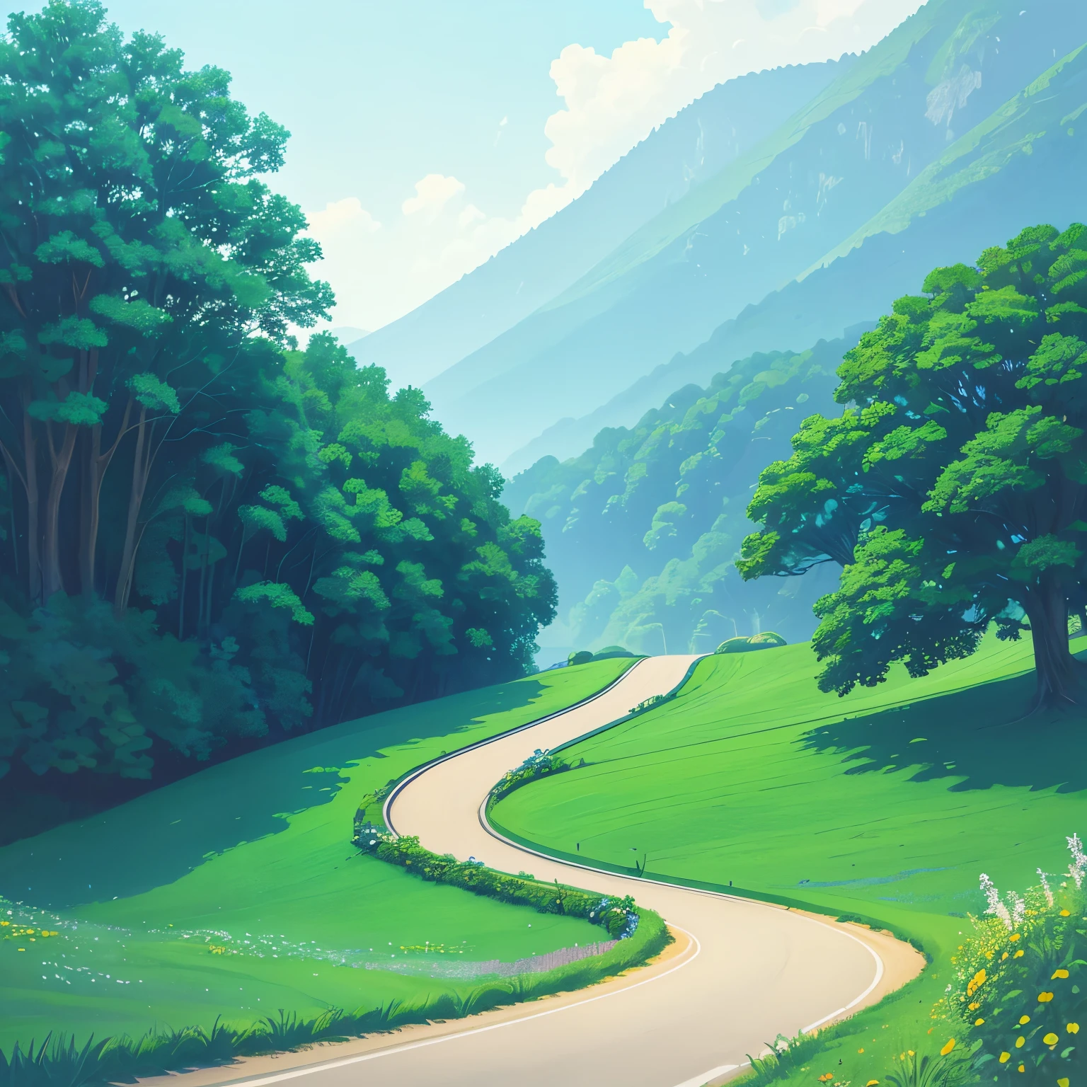 "Design a beautiful and inviting illustration of a winding road stretching into the distance, leading towards a bright and promising future. Use a refreshing color palette of blues and greens, creating a sense of hope and optimism. The overall design sh