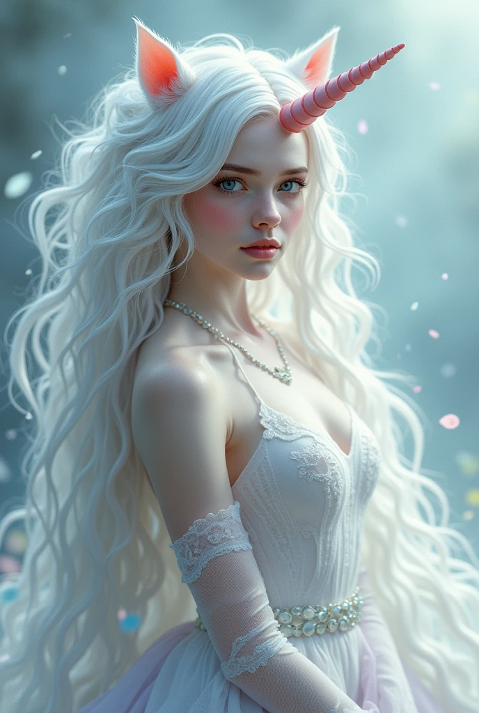 white girl as a unicorn with unicorn hair all over from head to toe full body.