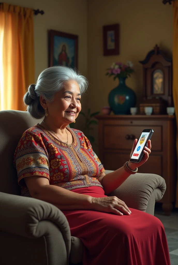 I would like an image of a lady of about 60 years of Salvadoran origin sitting in the living room of her house, a middle-class family home, talking on a video call through her cell phone with her son in the United States.