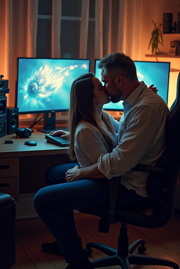 (fictional) A passionate couple in a modern office setting, engaging in an intense and intimate act on a sleek glass office desk. The female is depicted with captivating, detailed eyes and full, luscious lips. The male possesses a strong, muscular physique, portraying raw desire. The lighting is dim, casting subtle shadows, creating an aura of secrecy and excitement. The image quality is of the highest standard, with a 4k resolution, bringing out every intricate detail and adding depth to the scene. The artwork is created using a mixture of digital rendering and professional photography, resulting in a stunning hyper-realistic composition. The provocative nature of the scene is accentuated by a blurred, dreamlike ambiance, emphasizing the sensory experience. The color palette is rich and vibrant, showcasing deep hues and contrasting tones, enhancing the intensity of the moment. The office environment is hinted at, with modern office equipment and furniture subtly visible in the background, adding a touch of realism. The overall atmosphere is one of passion and forbidden desire, making this artwork an alluring and evocative masterpiece.