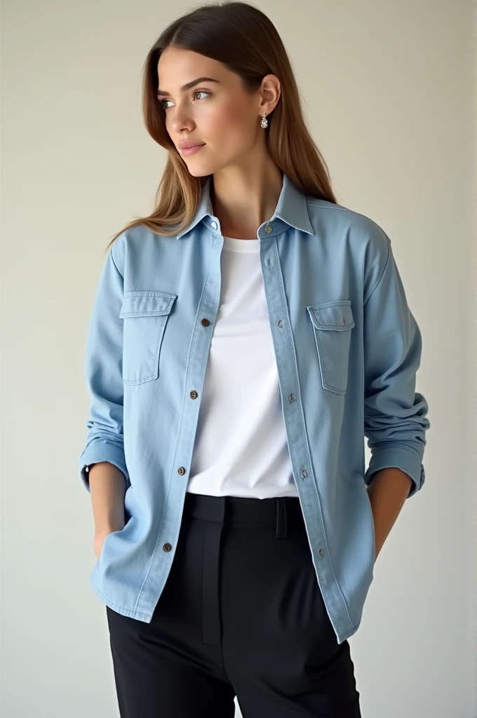Light blue linned whiteshirt with a white tshirt inside with a black pant