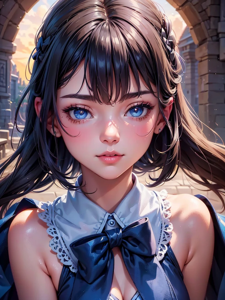 a close up of a woman with a blue bow in front of a castle, disney art style, disney artstyle, fantasy art style, stunning art style, art in the style of disney, beautiful drawing style, princess portrait, perfect coloring, in style of digital illustration, ultra detailed color art, disney art, in style of disney animation, striking detailed artstyle
