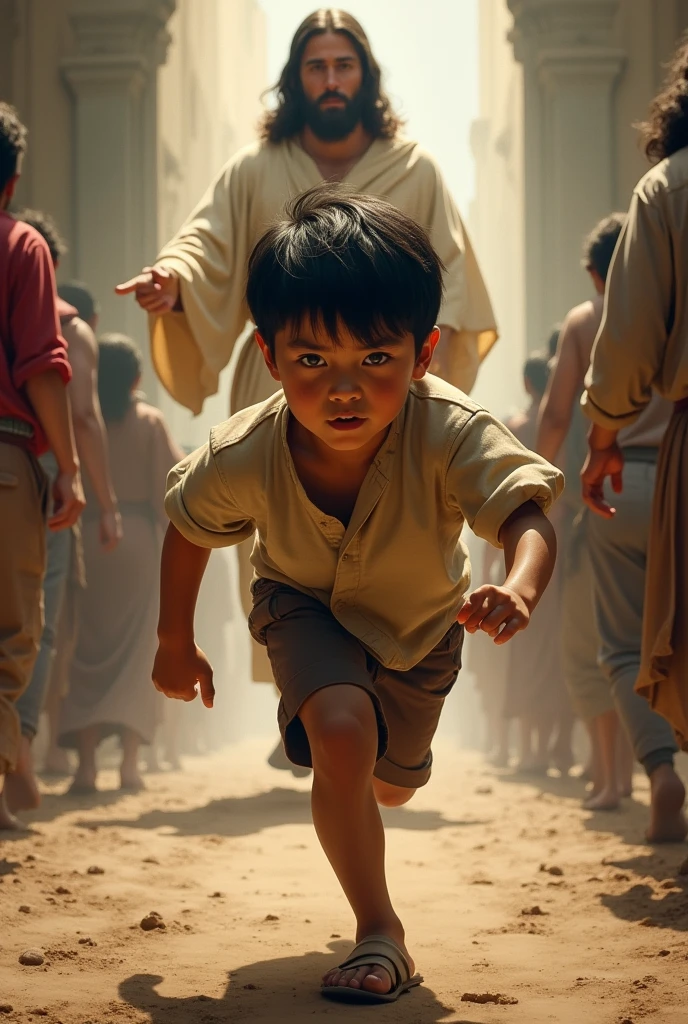 Young dark-haired man , short stature , short black hair , Running tired towards Jesus