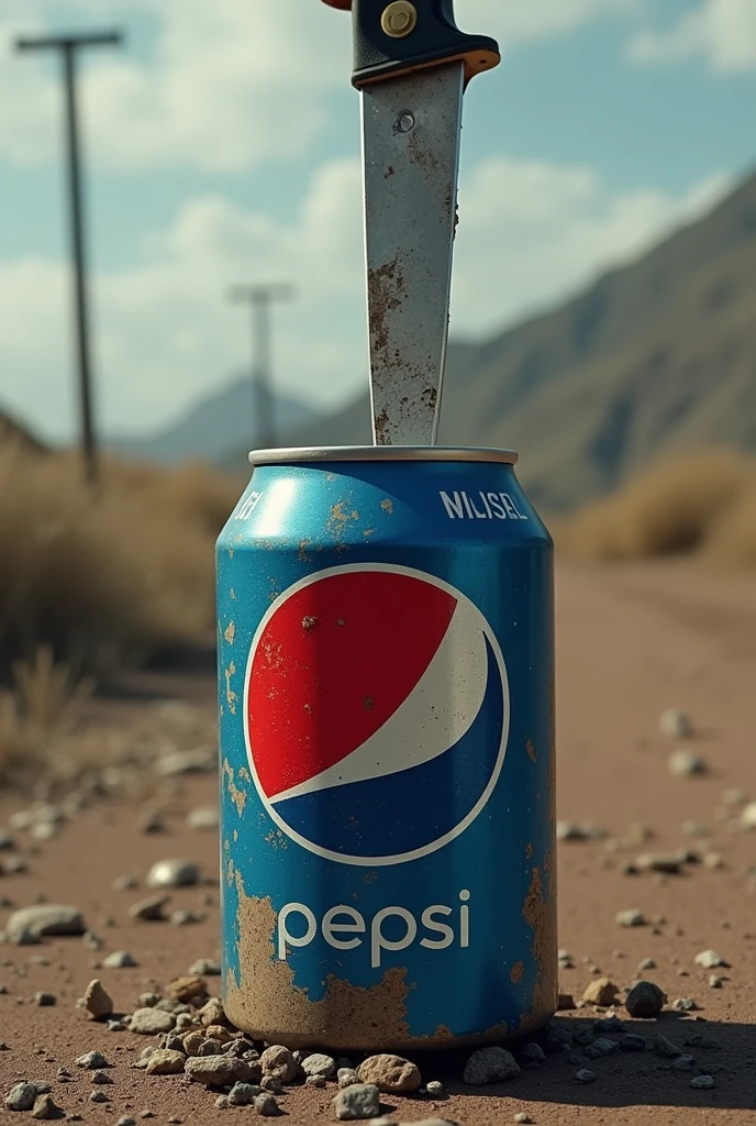 Reinterpret a Pepsi in a zombie apocalypse being poured with a knife stuck in the Pepsi