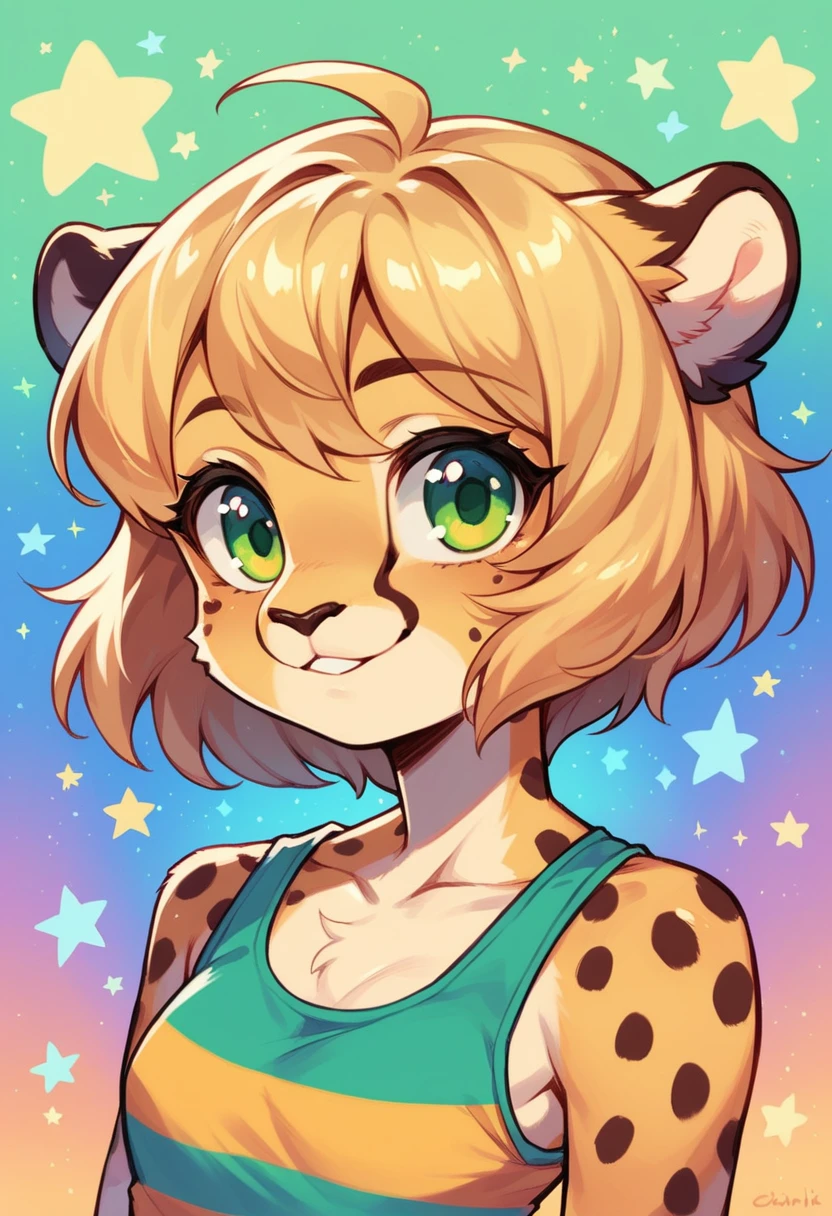 Anthropomorphic, cute, cheetah woman, short chic blonde hair, green eyes, hourglass, small breasts, colorful striped tank top, cheerful smile, portrait, stars background