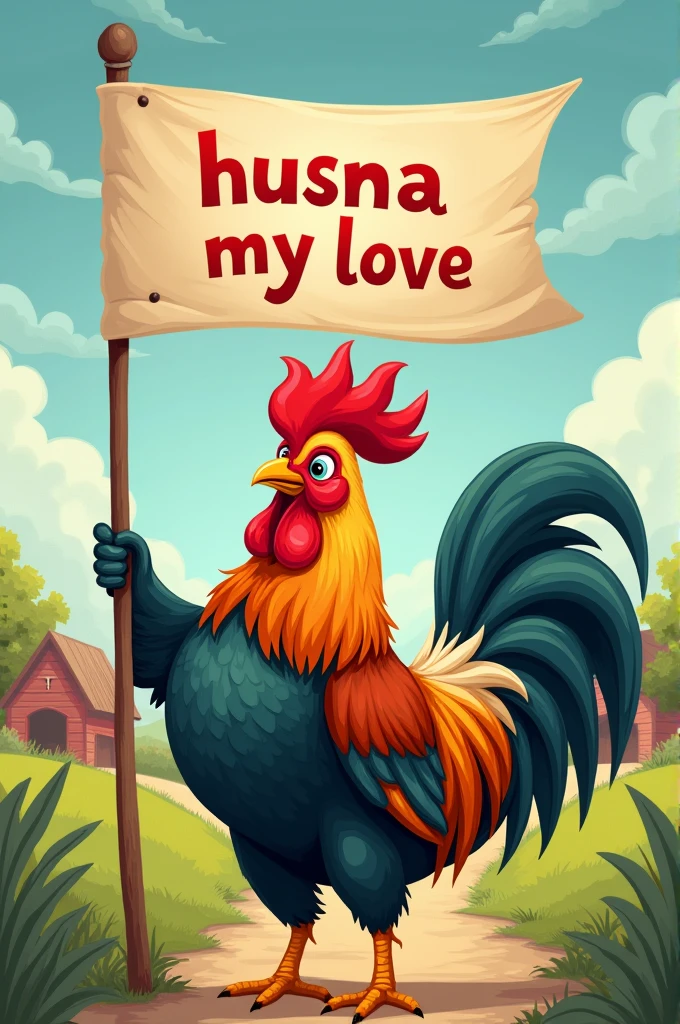 a picture of a rooster holding a banner that says "HUSNA MY LOVE"