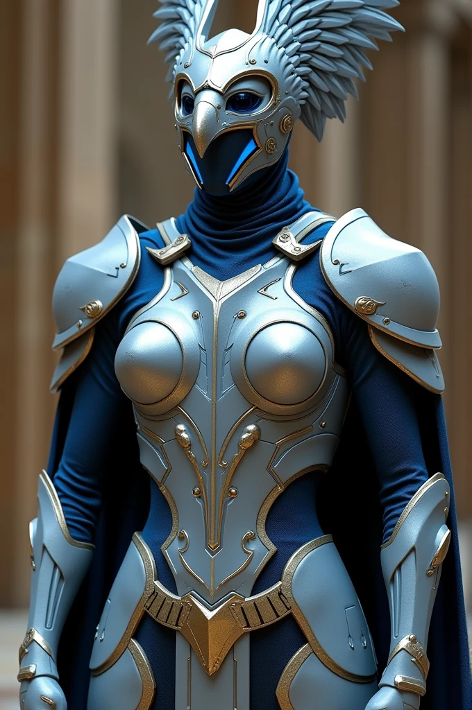 Futuristic armor, Roman Empire armor, gray color with shiny blue and gold details, eagle-shaped helmet