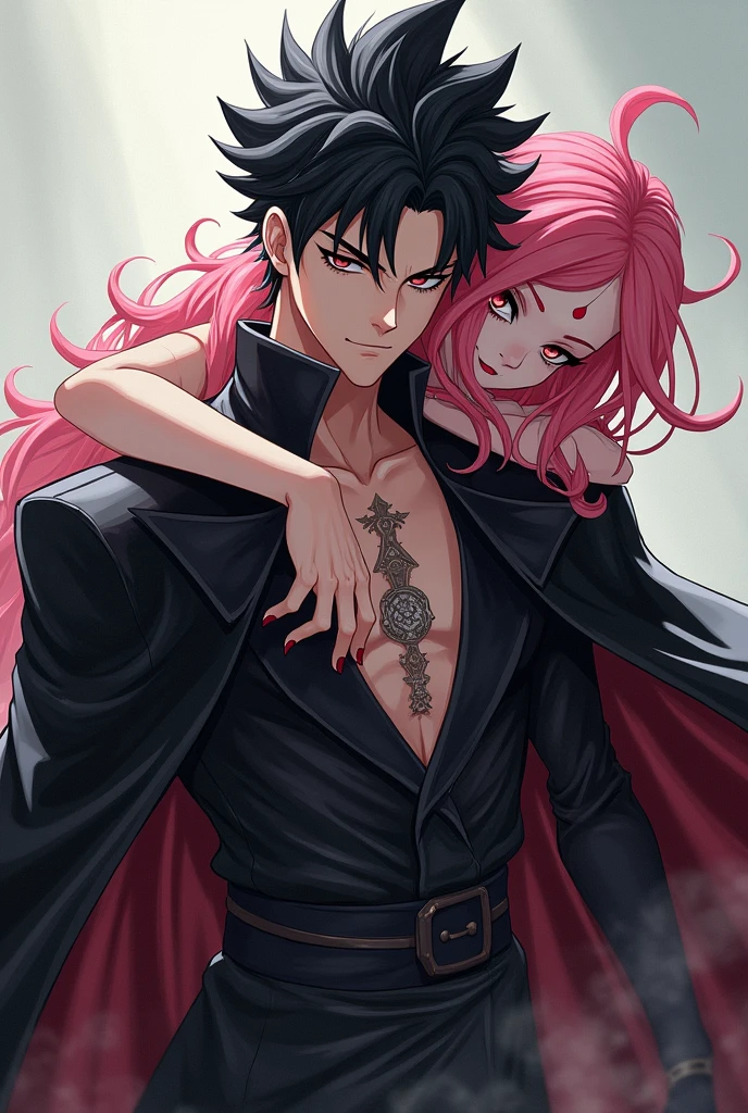 Realistic photography, Mihawk Dulacre with black hedgehog hair and edged beard carrying pink haired Perona on his shoulder 