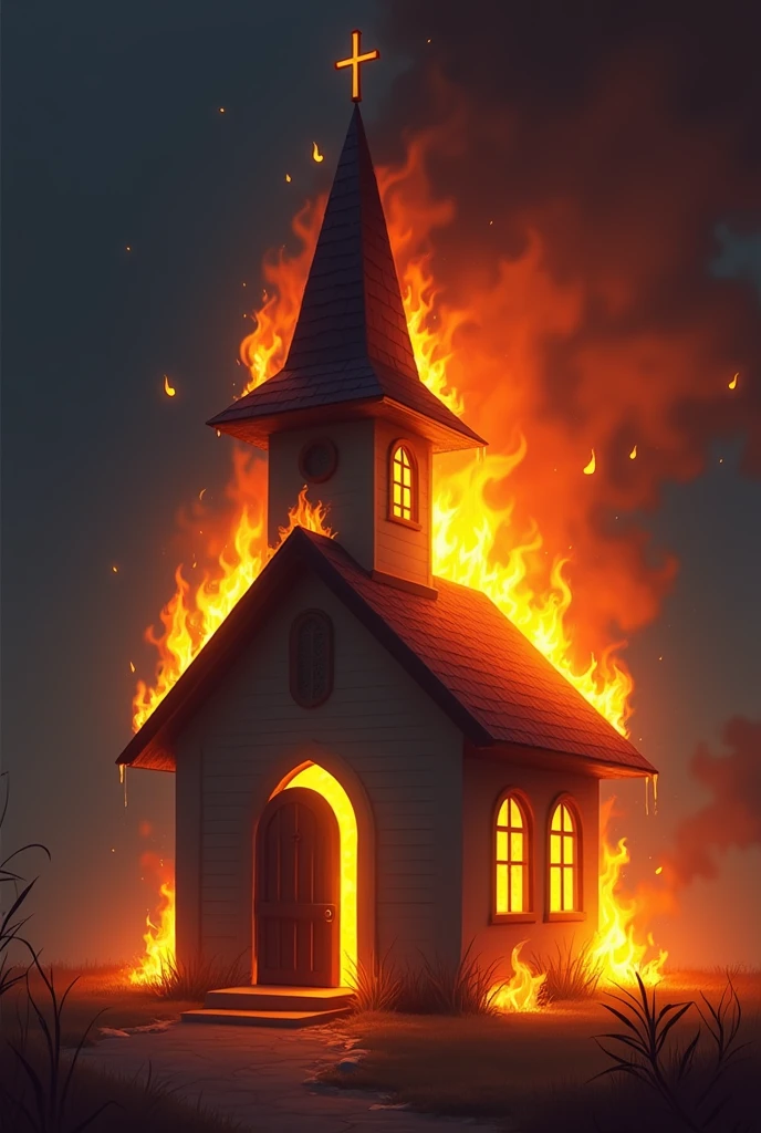Create a digital artwork PNG of a small church engulfed in flames, viewed from a slightly elevated angle, as if looking down at it from a 30-degree angle. The church has a traditional architectural style with a pointed steeple topped with a cross. The flames are intense and rising from the roof, especially around the steeple. The church's windows and doors are glowing with an orange light, reflecting the fire inside. The scene should be dramatic, with the flames contrasting against a dark background. The art style should be modern, blending realism with slight cartoonish elements to keep the imagery striking but not overly realistic.