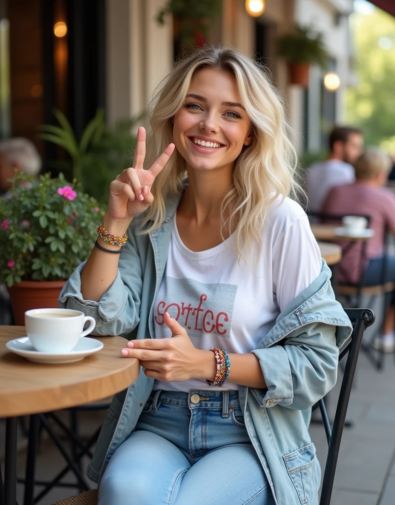 A detailed image of a young woman with light blonde wavy hair, sitting at an outdoor table, enjoying a coffee. He has blue eyes and a bright smile. He is short in stature, with a curvy figure and prominent buttocks.
 Wear a white cotton t-shirt with a fun graphic design, Combined with high-waisted, slightly worn jeans that enhance her figure. on your feet, She is wearing white sneakers that add a relaxed touch to the outfit.. She completes her look with a light denim jacket that is slightly open and a pair of colorful bracelets on her wrist..
In a spontaneous moment, He looks at the camera and makes a gesture of "chill" with the fingers, creating a fun and carefree atmosphere. The environment is full of other people enjoying their time, with potted plants and cozy decorations, all illuminated by the soft light of the sun. His expression reflects joy and confidence, Capturing the essence of a relaxed, everyday day.
