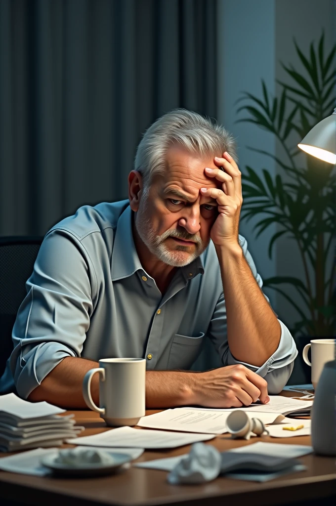 "A middle-aged man, looking frustrated and overwhelmed, sits at a desk surrounded by scattered papers and empty coffee cups. He’s deep in thought but unable to focus or come up with solutions, capturing his sense of mental fatigue and frustration. The setting should reflect a chaotic and stressful environment, emphasizing his struggle with organization and clarity."
