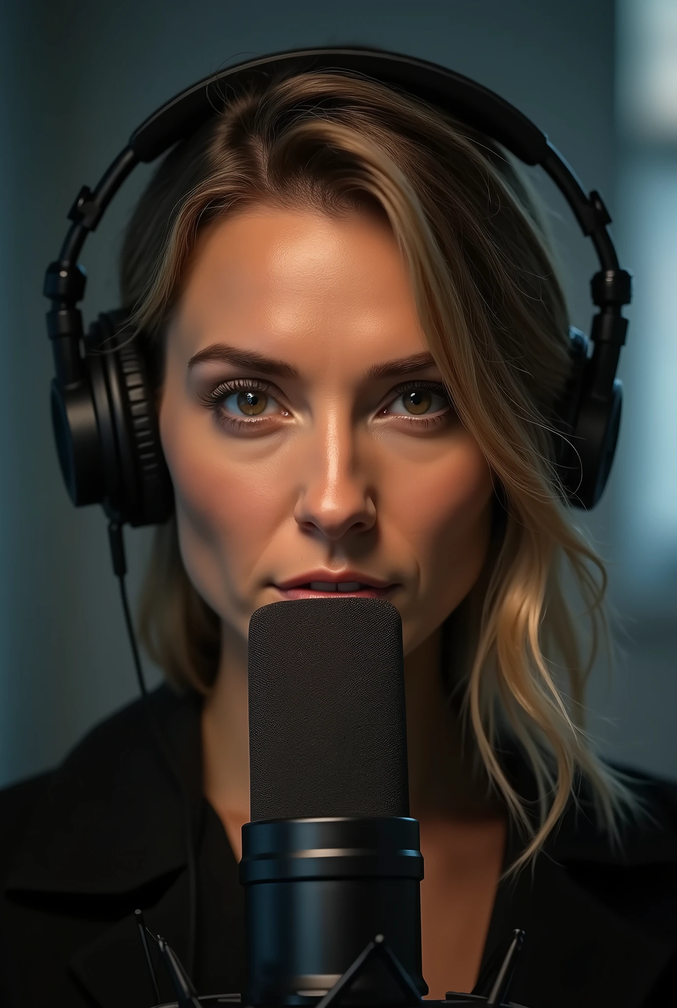 Caucasian woman profile in podcast