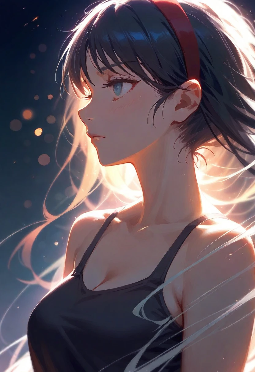 a woman with a hair band and a black top is standing in front of a dark background, 8k artgerm bokeh, ilya kuvshinov. 4 k, ross tran 8 k, anime. soft lighting, digital art ilya kuvshinov, artwork in the style of guweiz, breathtaking ilya kuvshinov