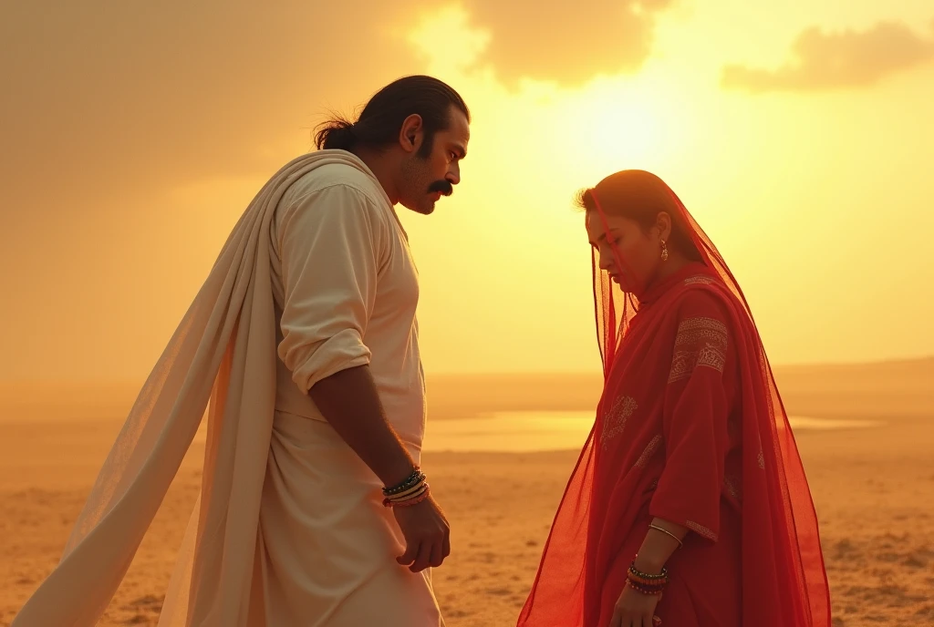 There is a big field which is dry. In it there is a man whose name is Tejaji. Tejaji is very angry. Tejaji is wearing a white dress and has a mustache on his face. Tejaji is angry at a woman. The woman is standing next to Tejaji and she is red. She is wearing a saree and the woman has covered her face with the pallu of the saree and has kept her head down and both are standing at a distance and the ground below is dry and sunlight is coming from the sky.