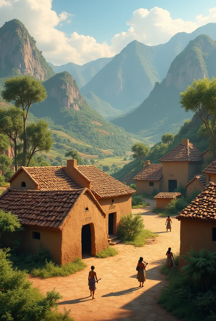 Please generate a landscape of the municipality of Arcabuco Boyacá as it was in pre-Columbian times, muisca chibcha culture, mountains, adobe huts,clay tile roofs