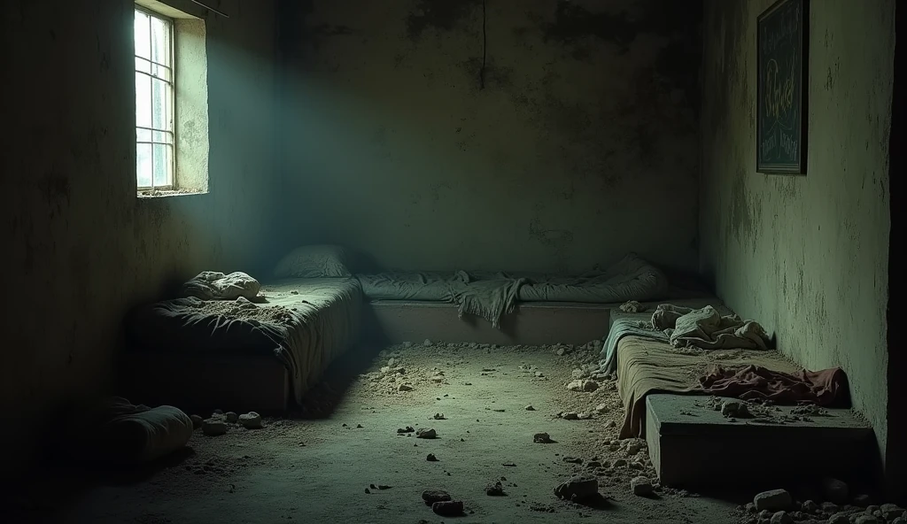 a room, dirty cramped space, slabs on the floor, dirty ragged clothes, dim lighting, poverty, despair, gritty, (best quality,4k,8k,highres,masterpiece:1.2),ultra-detailed,(realistic,photorealistic,photo-realistic:1.37),cinematic lighting,moody atmosphere,muted colors,abandoned,dilapidated,documentary style