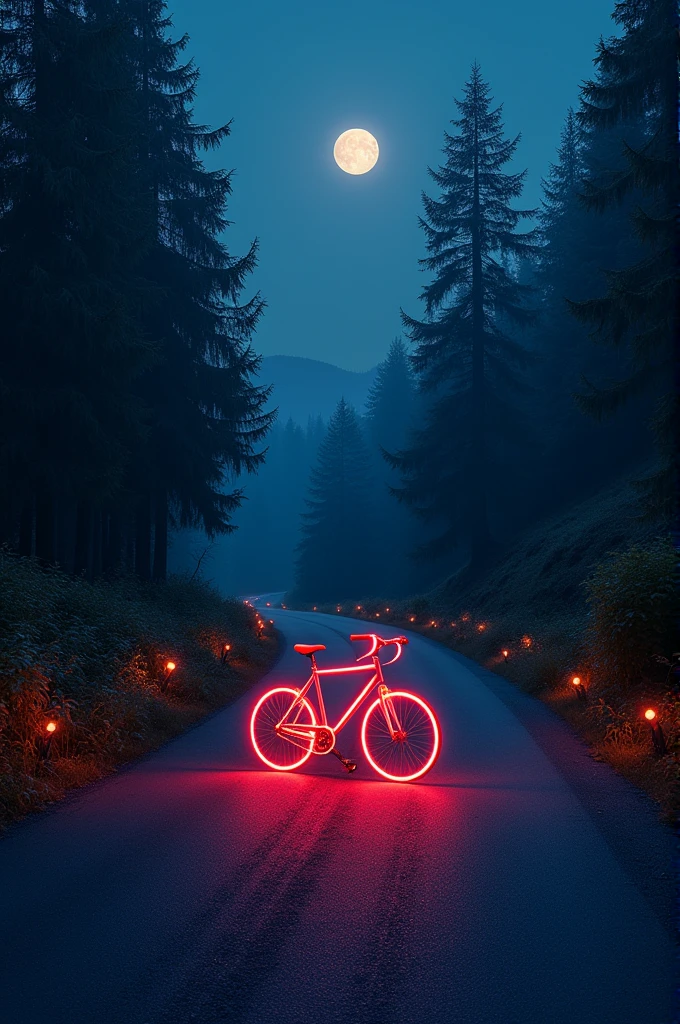 A red cycle in road, beautiful nature photo , night, lights