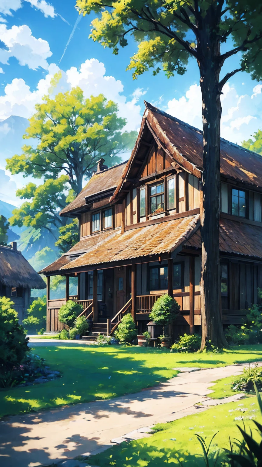 Create a sharp and vibrant 4K anime-style image depicting a serene, picturesque scene. The focal point is a small, cozy house nestled next to a colossal, ancient tree, both perched precariously at the edge of a towering mountain cliff. The house exudes warmth and simplicity, with wooden beams and a thatched roof, blending harmoniously with its natural surroundings. The tree, with its massive trunk and sprawling branches, dominates the scene, symbolizing strength and timelessness. Lush, green grass carpets the area around the house and tree, adding a touch of natural beauty.
The sky above is a brilliant blue, dotted with dense, fluffy white clouds typical of a clear summer day. The sunlight bathes the scene in a golden hue, casting soft shadows that accentuate the depth and detail of the environment. The perspective is from the bottom of the mountain, looking up, emphasizing the dramatic height of the cliff and the majesty of the tree. The image should convey a sense of peace and clarity, with every detail—from the blades of grass to the texture of the clouds—rendered in sharp, high-definition quality, capturing the essence of a perfect summer day.