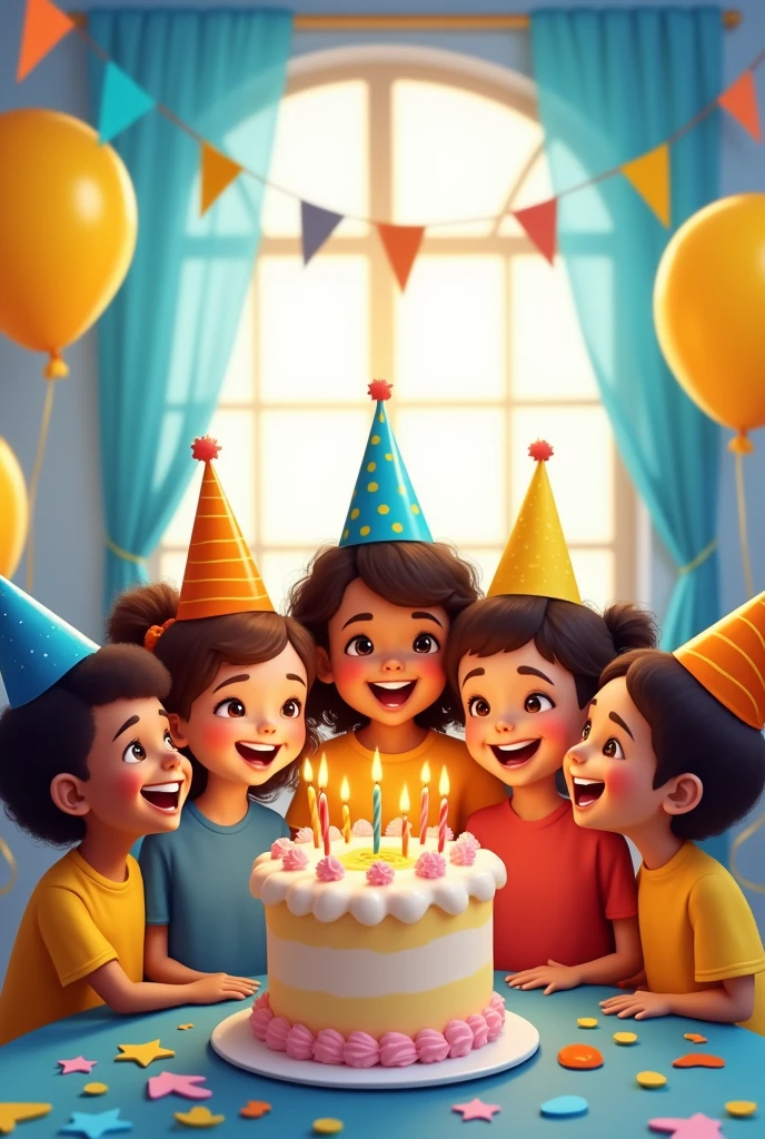 A group of 6 ren, some with brown skin and some with white skin, are gathered in a brightly lit room. They are all wearing party and holding balloons, and there is a large birthday cake in the center of the room. The children al smiling and laughing, and the room is decorated with colorful streamers and balloons. The general mood is one of joy and celebration. (Be careful when creating eyes and mouths). The colors blue and yellow are preferred.