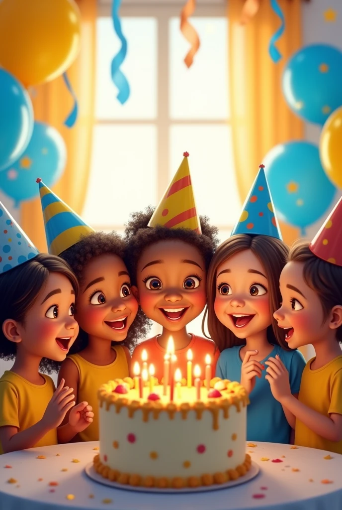 A group of 6 children, some with brown skin and some with white skin, are gathered in a brightly lit room. They are all wearing party hats and holding balloons, and there is a large birthday cake in the center of the room. The children are all smiling and laughing, and the room is decorated with colorful streamers and balloons. The general mood is one of joy and celebration. (Be careful when creating eyes and mouths). The colors blue and yellow are preferred.
