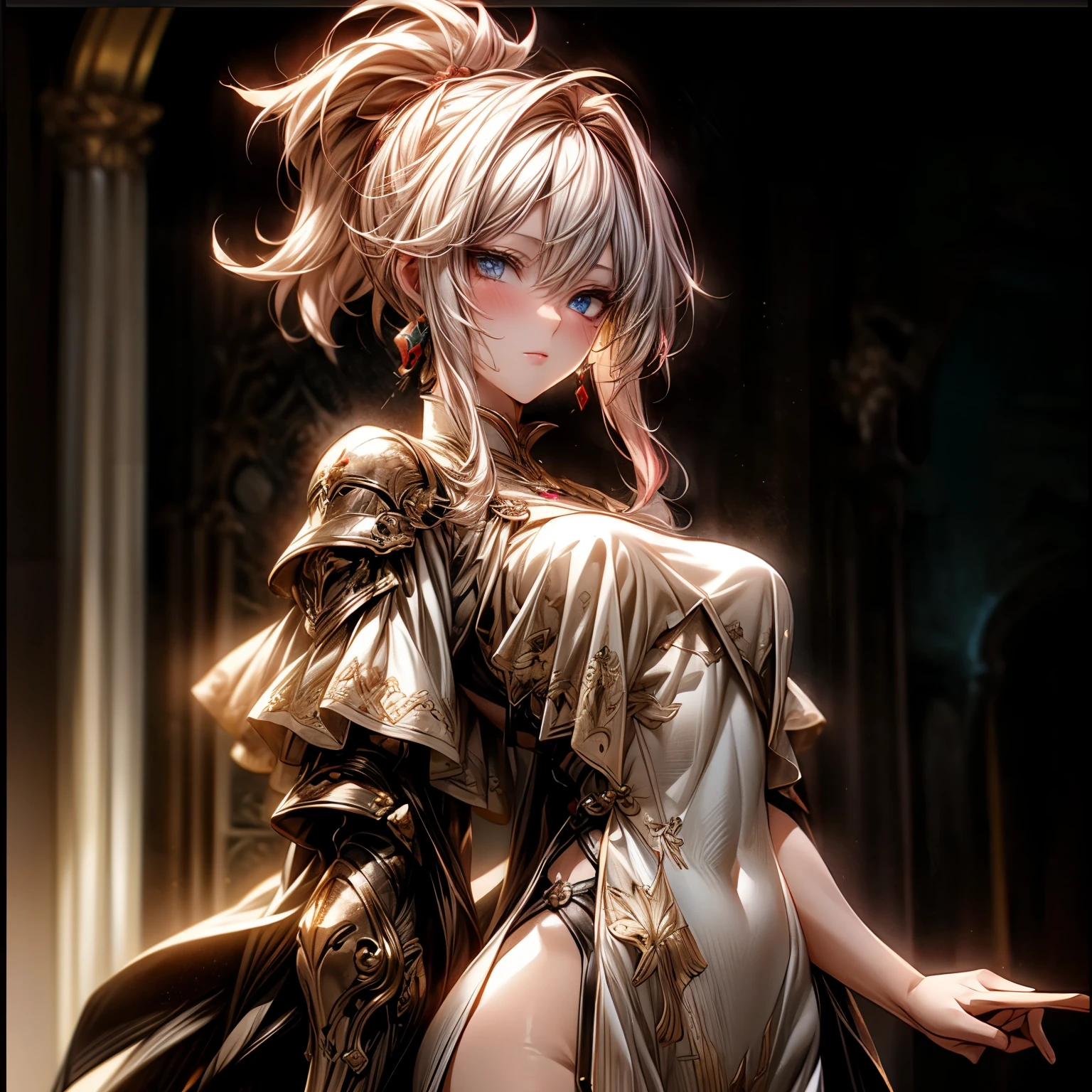 (best quality)), ((Masterpiece)), (details:1.4), 3d, HDR (high dynamic range), an image of a beautiful cyberpunk female, fantasy, Medieval, pink hair, High ponytail, Beautiful white eyes, จมูกโด่ง, ปากแดง, หน้าอกใหญ่, nvidia RTX, PBR surface, After processing, Anisotropic filtration,depth of field, Maximum clarity and clarity, multi-layered surface, Subsurface scattering, perfect proportions, 8K raw files, ultra detailed, Perfect proportions, volumetric lighting, soft lighting, Holy Paladin, Light Golden Armor, Red dress, glossy skin, intricate silver embroidery, Throne background, jewely, ต่างหู, นิ้วมือสมบูรณ์,