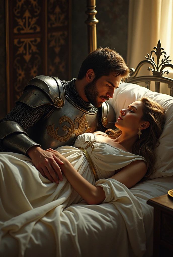 Make a Templar knight lying in a bed with a maiden