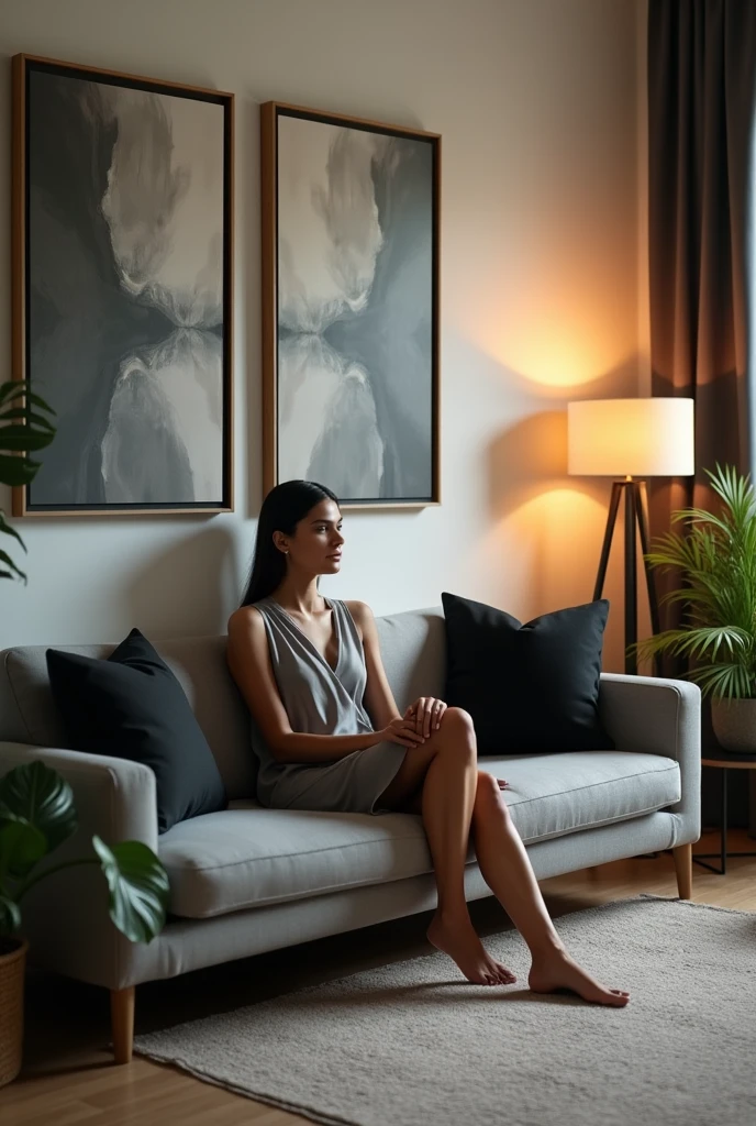 A Brazilian woman sitting on the sofa ,on the wall two paintings measuring 60 cm by 80 cm on the wall above the modern gray sofa with black cushion
, small, well-lit apartment room with flowers, carpet and lamp seen from the front