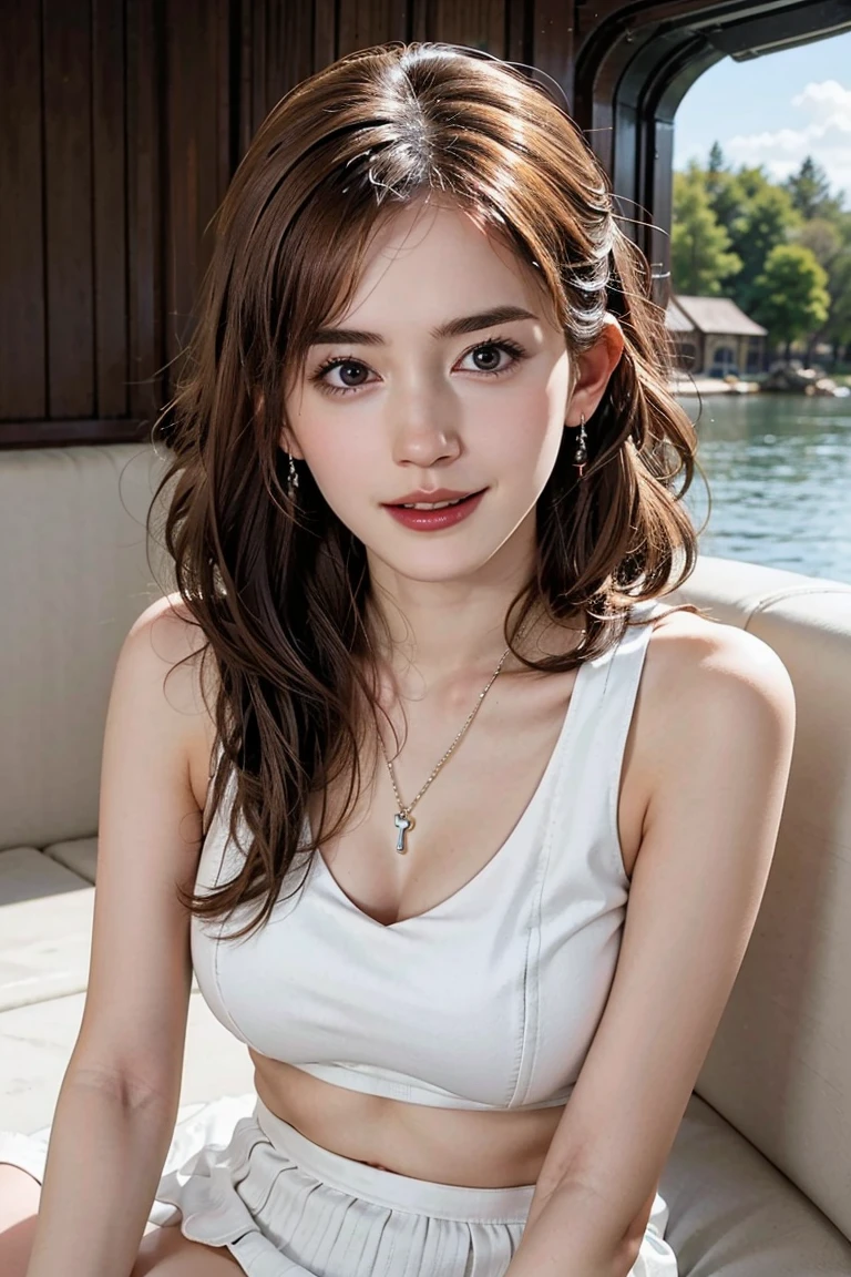 (Save face image), Pale face:1.3、Ultra-thin face:1.3, (Very big eyes:1.5)、 (Swollen eyes:1.5), masterpiece、8k, {Highest quality}, {{masterpiece}}, {Very delicate and beautiful}, Excellent light and shadow, Highly detailed wallpaper, Clear, bright sunlight, (((whole body))), 1 girl, blush、(薄い茶colorの髪), Strong sunlight, ((A strong light shines on your face)), color々Pause:1.5, necklace、ring、earrings、break (( (Cozy Lounge), Oversized white crop top, mini skirt, ):1.3), (Dynamic Angle:1.5), (white fringe trim:1.4), ((Boat neck, clavicle):1.3), (Sandals with heels:1.2) ,(Laugh with your mouth wide open:1,5),