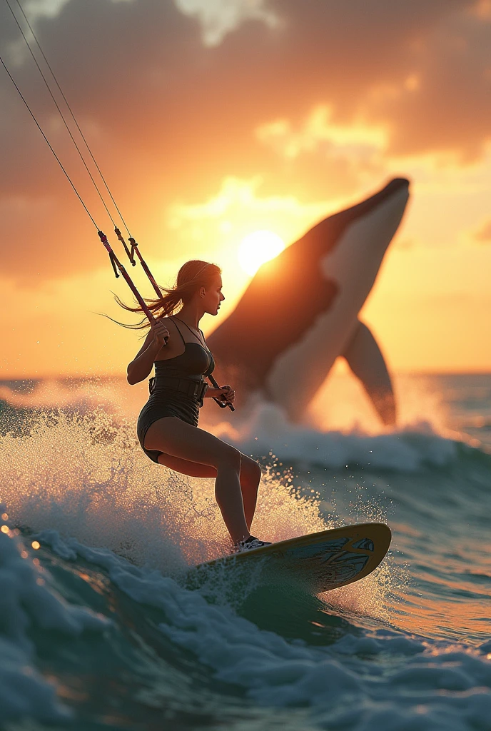 A woman sailing in the sea with kite surfing equipment while the audience watches her and the magnificent sunset, next to her there is a whale jumping out of the water