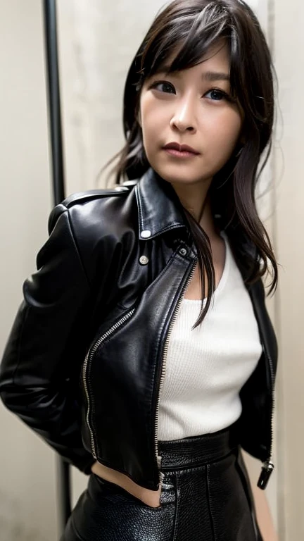 Highest quality,masterpiece,Ultra-high resolution,Black leather jacket、Black Leather Skirt、