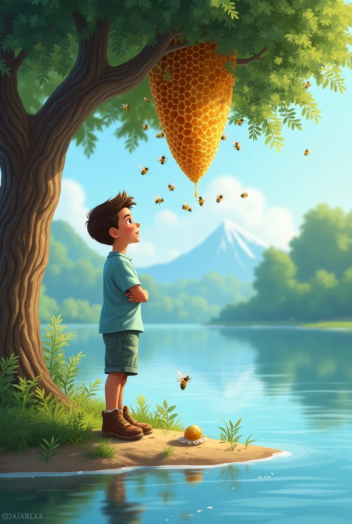  boy with light blue shirt, shorts and boots watching a small honeycomb on top of a tree surrounded by bees on the shore of a lake





 



