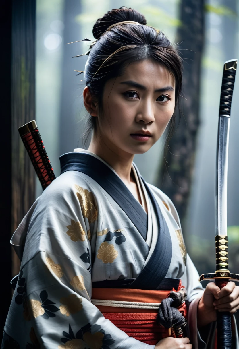 A young Japanese samurai woman stands proudly, her piercing gaze forward. Sharp focus isolates her strong features amidst a dark, misty background, reminiscent of ancient forests. Cinematic lighting casts an otherworldly glow on her katana-wielding form. In an 8K photo, every detail is crisp: the intricate armor, the flowing kimono, and the determined expression. The composition echoes Demoscene art's futuristic mysticism, as Japan's cultural heritage converges with gothic undertones. Her upper body stands out against the mysterious darkness, a symbol of strength and resilience.