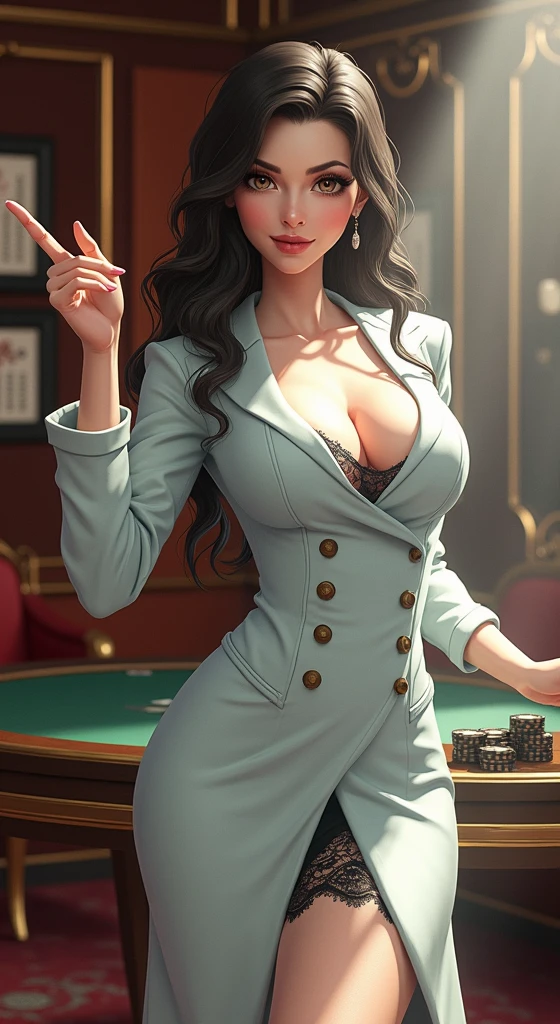 A sultry woman croupier with a seductive smile, dressed in black lingerie. She has a rich brown complexion, exuding confidence and allure. Her long dark hair cascades over her shoulders, and her eyes have a teasing, challenging gaze. She stands behind a casino table, slightly leaning forward with one hand resting on the table. Her other hand is playfully pointing towards the viewer, inviting them to join her at the table. Her expression is a mix of shy playfulness and bold temptation, creating a captivating and mysterious atmosphere.