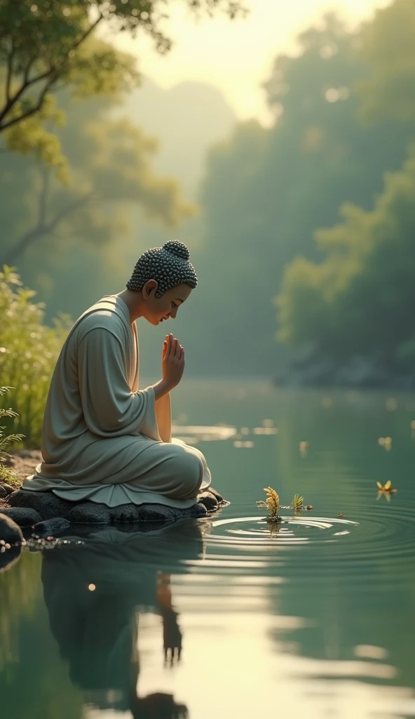 Design a 3D animated scene where Buddha is kneeling by the pond, gazing at his own reflection in the still water. As he touches the surface, ripples gently distort his reflection, symbolizing the impact of his teachings on the world. The animation should focus on the serene and contemplative mood, with a soft light illuminating the scene