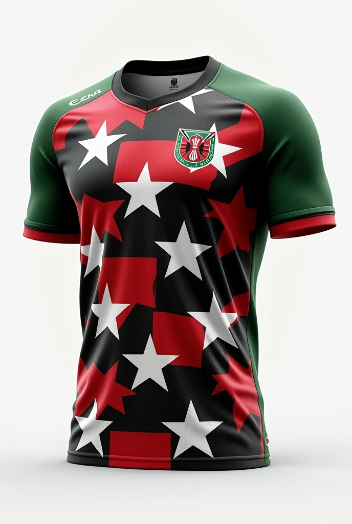White stars themed national football team jersey using white, red, black and green colours with a faint lion head watermark and FKF logo