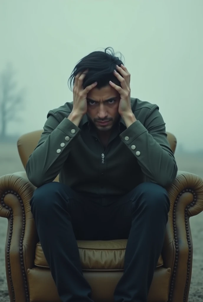 Person sitting on a piece of furniture that looks far away, worried with hands on head 