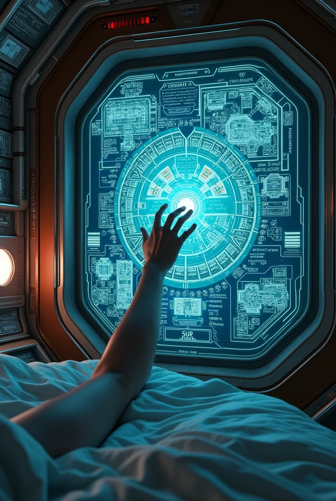 space ship, room with technological map of the ship's locations, on top of the bed, arm reaching out to grab the map
