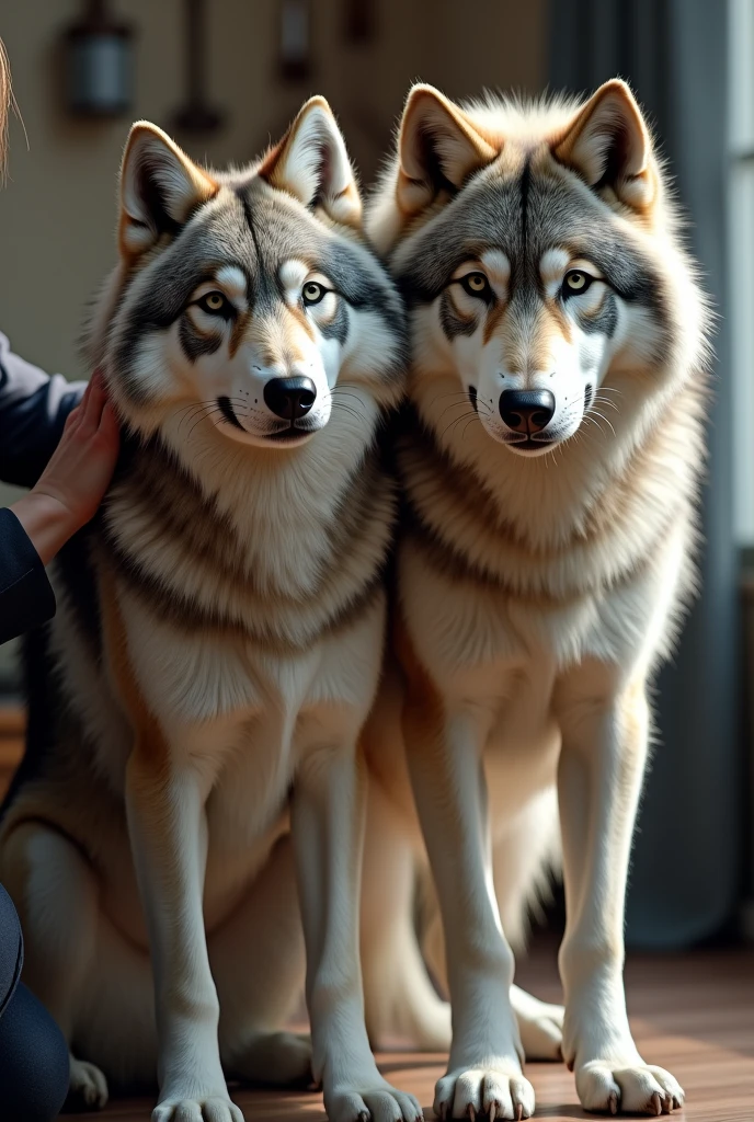 Make a picture of two dogs (Siberian Wolf) being groomed