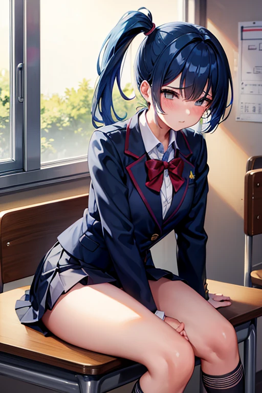 Elementary school student, crossdressing, blue hair, side ponytail, skirt flip, penis, masturbation, classroom, large amount of , pleasure, shame