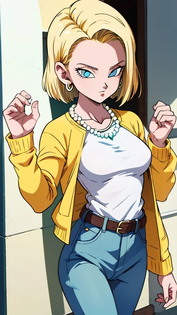 (masterpiece, best quality), 1girl,   android18, blue_eyes, blonde_hair, shirt, long_sleeves, jewelry, medium_breasts, earrings, belt, pants, necklace, denim, casual, jeans, bead_necklace, pearl_necklace