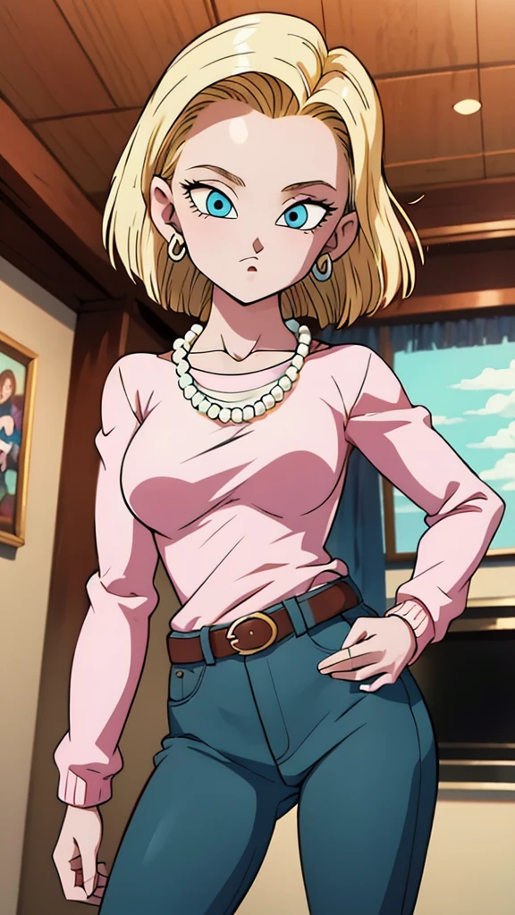 (masterpiece, best quality), 1girl,   android18, blue_eyes, blonde_hair, shirt, long_sleeves, jewelry, medium_breasts, earrings, belt, pants, necklace, denim, casual, jeans, bead_necklace, pearl_necklace