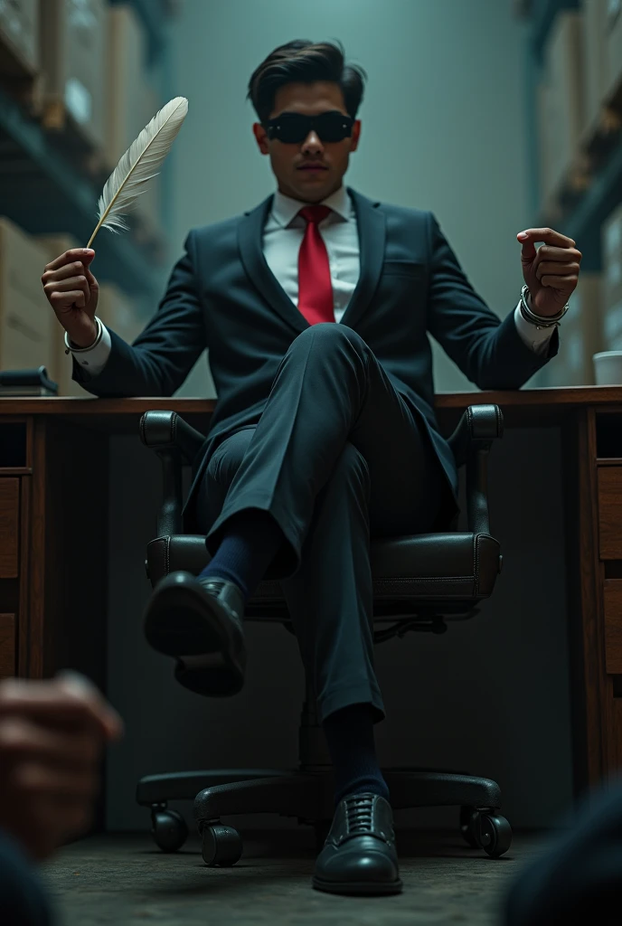 Malaysia malay handsome 22 years student
His handcuff in warehouse
Blindfolded
Black Suit and Red tie
feet on desk
feather
5 toes each feet
Black smelly sock
2 man under his feet
1 man take off his socks
1 man holding feather tickle his feet
He laugh very hard