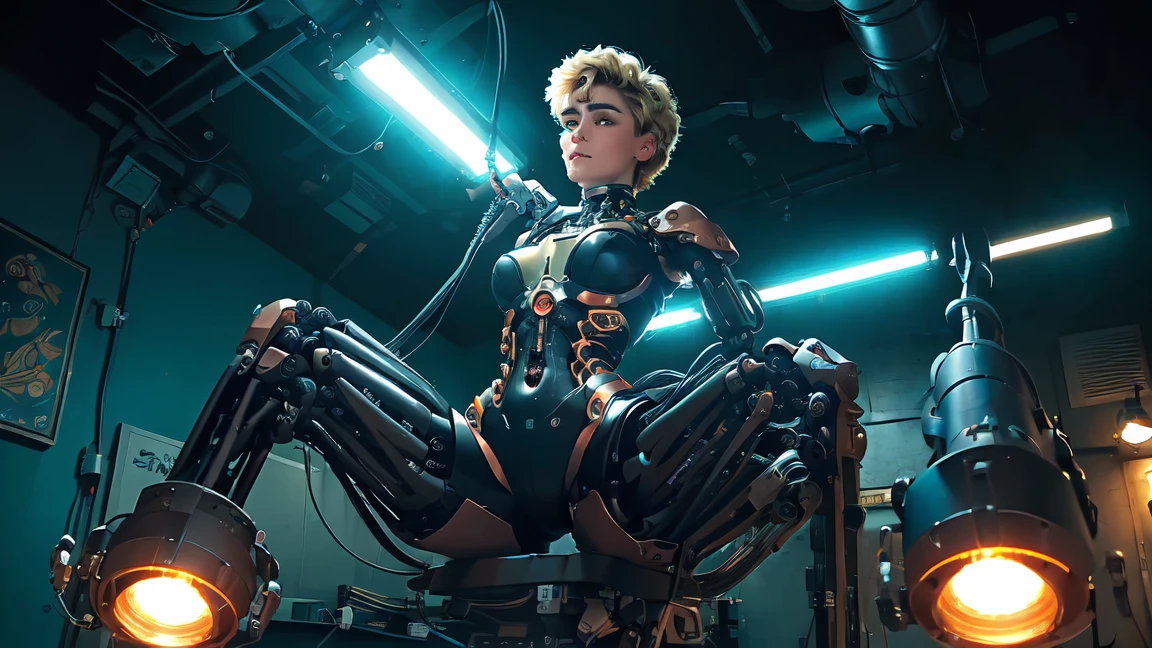 of the highest quality, masterpiece, ultra-high-resolution, ((fotorrealista: 1.4), Foto RAW, 1 Stefania Ferrario, loira, Big , big booty, Cyberpunk, pele brilhante, 1 mechanical girl, (detalhes super realistaachanical limbs, Pipes connected to mechanical parts, mechanical vertebrae adhered to the spine, mechanical cervical attachment to the neck, wires and cables connecting to head, Evangelion, Fantasma na Concha, Small bright LED lamp, global ilumination, Sombras profundas, octane rendering, 8k, ultrasharp, metal, Intricate details of the decoration, Detalhes do estilo barroco, Detalhado alto intrincado, Luz realista, CG Trend, in front of camera, Neon details, (Android Factory em segundo plano), arte por H.r. Giger e Alphonse Mucha. 、Grande suave、Humanos altamente fotorrealistas、Pupilas perfeitamente redondaore About Iris' Amazing Student、adolescente branco、The baby's face slightly、um rosto pequeno、Very human skin feel、リアルAreola、(The area around the navel is completely exposed,、Raw skin is visible)、fenda、uma de 、Esbian de corpo inteiro、Eight-headed body that looks fully human、rosto humano、com um rosto redondo、(Nem um olho esmagador)、Peitos G-cup em forma de foguete、looking at the camera、