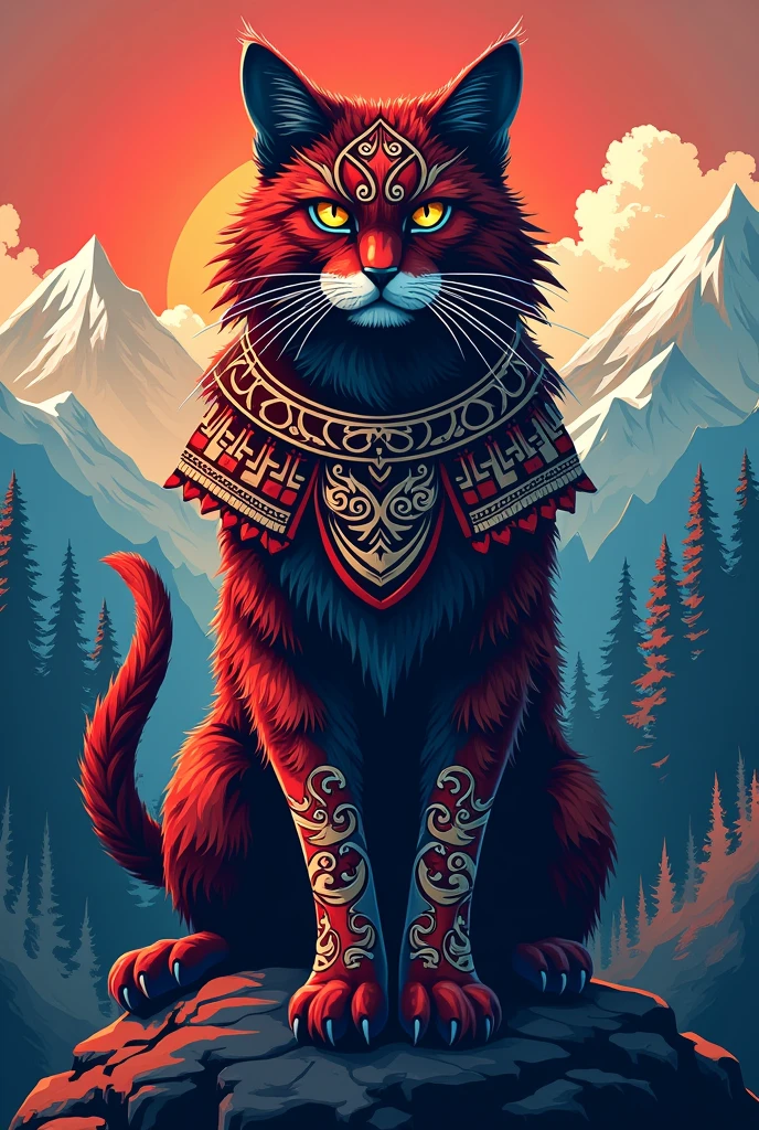 Make me a logo of a Viking cat with the colors of the country of Chile