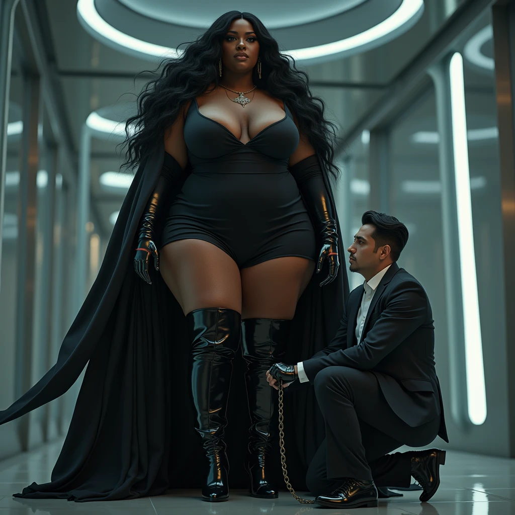 (photorealism:1.2) cyber realistic
beautiful ebony plus size dark brown skinned tone melanin women, with long flowing black hair bbw plus size curvaeous woman radiating authority ,A woman in long heel boots, black dress and black gloves holding another kneeling white man in formal clothes on a leash,