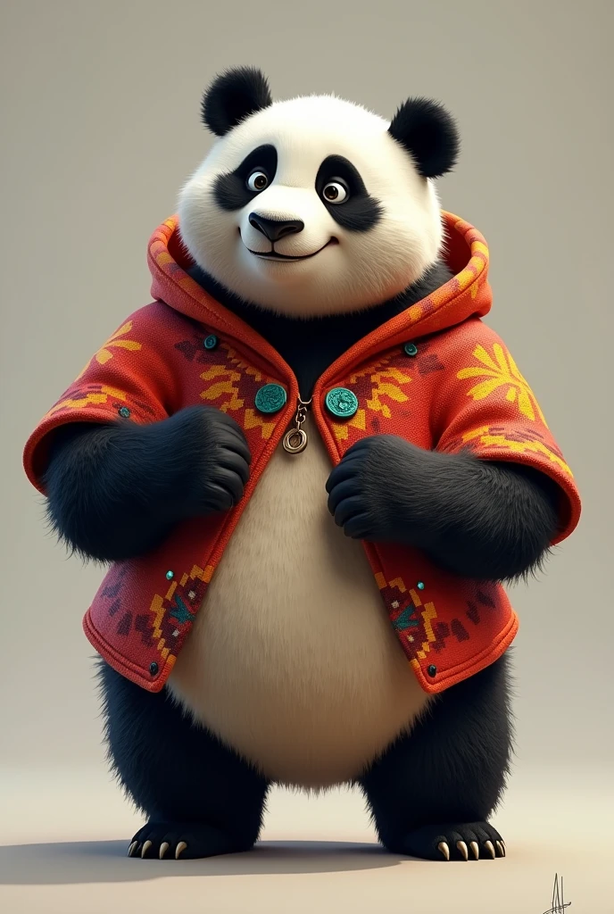 Draw a semi realistic panda, to wear a colorful poncho, I want him to have a determined look and smile.
