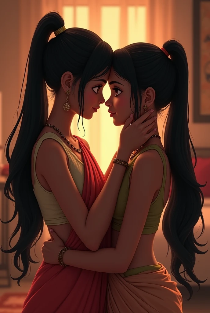 Create a image of a 2 indian girl in a room long black silky hair in highponytai style couple romancing and kissing.