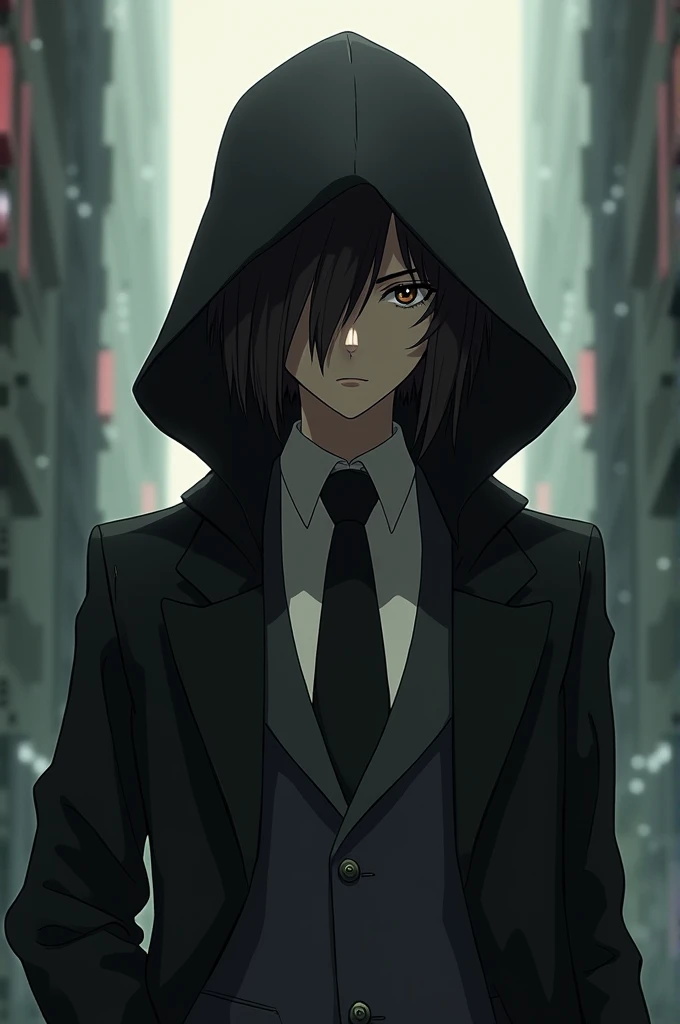 Anime man in elegant suit that has a hood covering half of his face