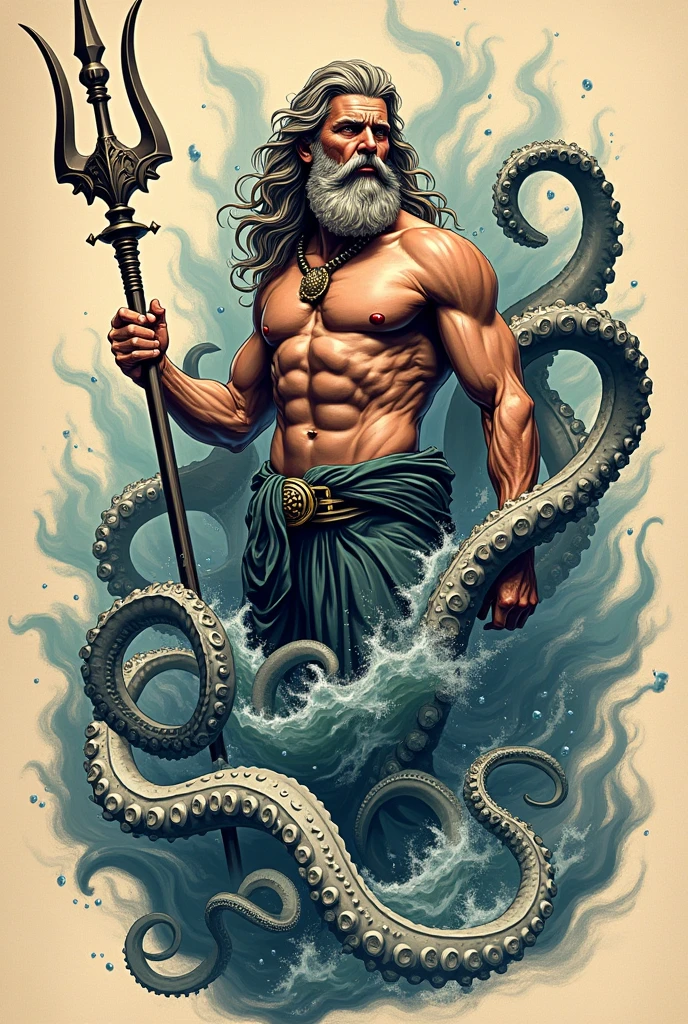 create a tattoo on your forearm with poseidon holding his trident and around him several octopus tentacles